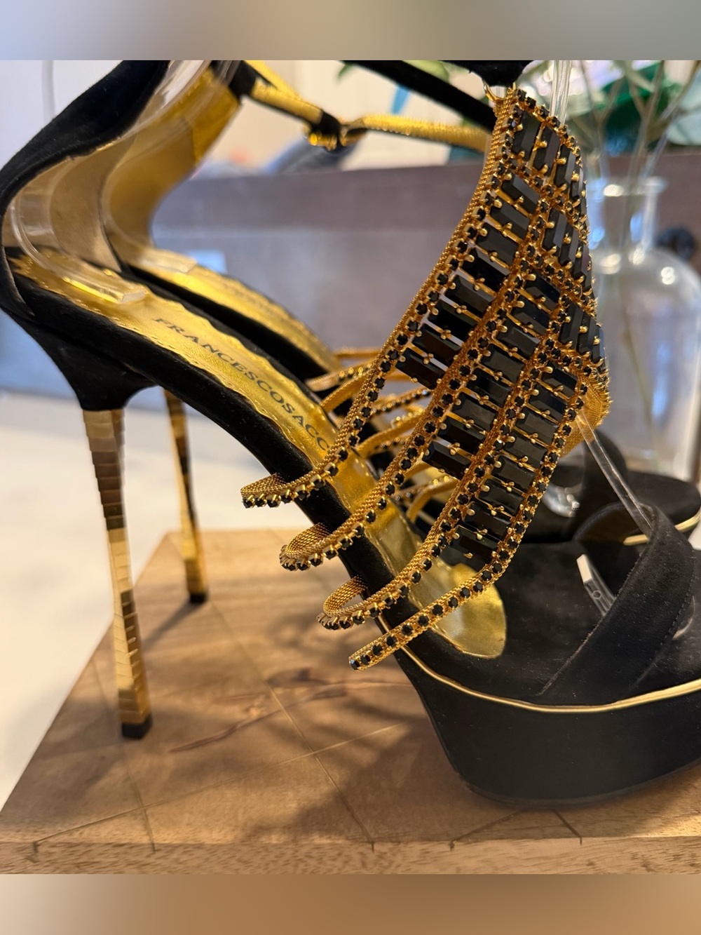 🔥RARE FIND! Frances Cosacco Black & Gold Crystal-Embellished Gold Stiletto Heels - Picture 3 of 12